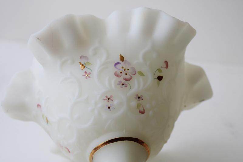 vintage Fenton satin custard glass compote or candy dish w/ hand painted flowers