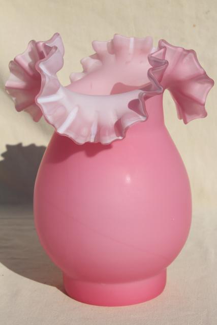 vintage Fenton satin glass hurricane lamp shade, rose pink white cased glass