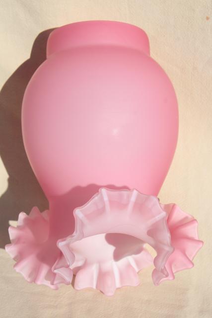vintage Fenton satin glass hurricane lamp shade, rose pink white cased glass
