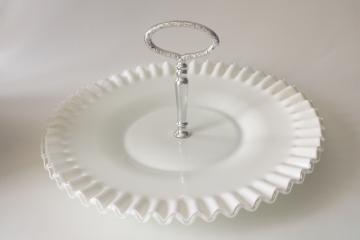vintage Fenton silver crest milk glass cake plate / sandwich tray w/ center handle