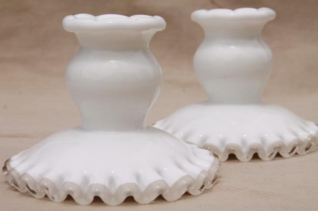 vintage Fenton silver crest milk glass candlesticks, pair low candle holders