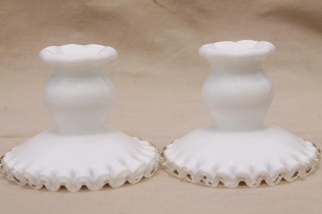 vintage Fenton silver crest milk glass candlesticks, pair low candle holders