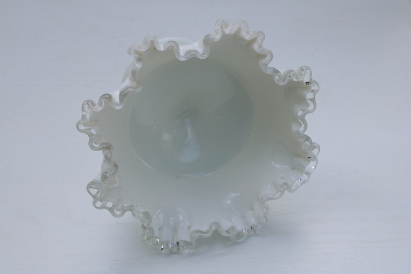 vintage Fenton silver crest milk glass compote candy dish, clear glass ruffled edge on white