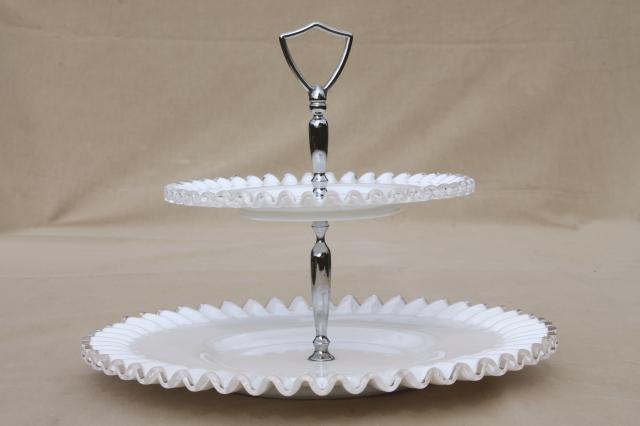 vintage Fenton silver crest milk glass, two tier cake stand, tiered plate serving tray