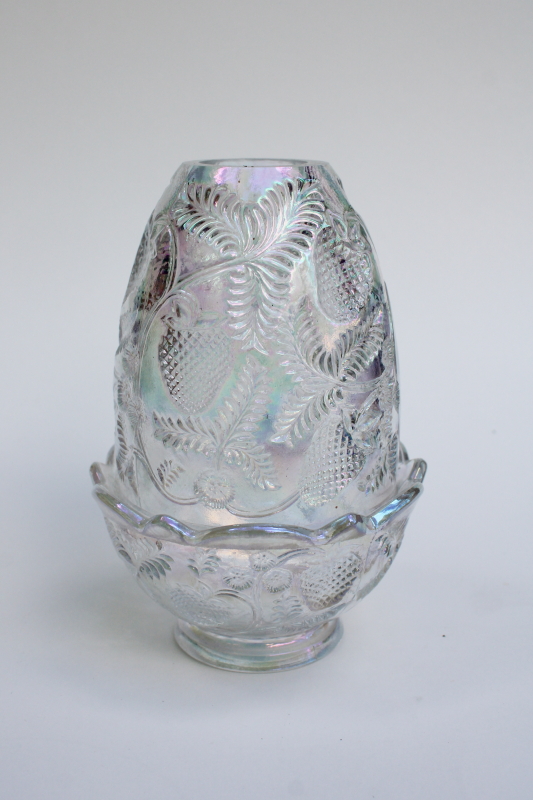 vintage Fenton strawberry pattern fairy light, iridescent white carnival glass candle lamp