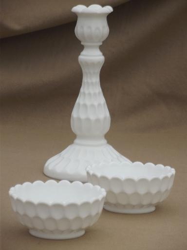 vintage Fenton thumbprint milk glass candlestick & pair of candle holders