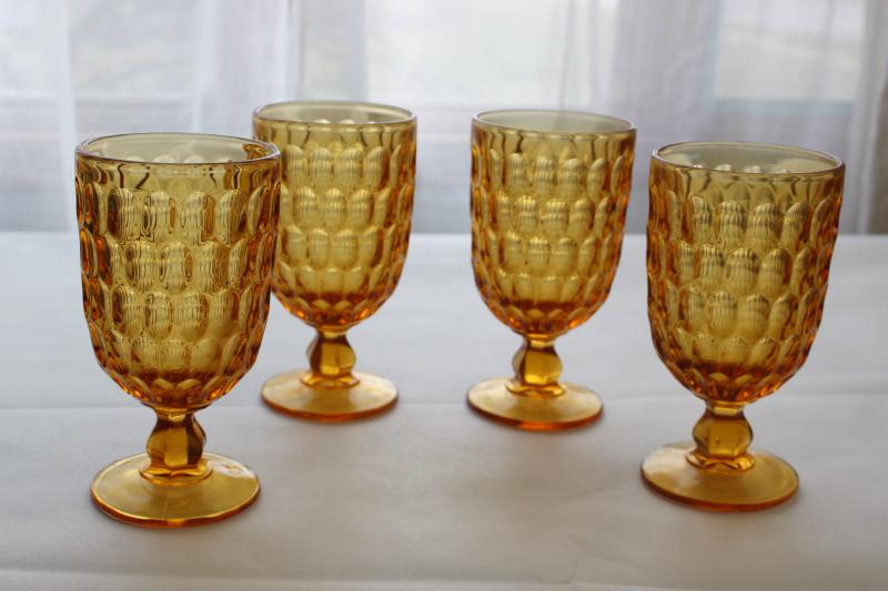 vintage Fenton thumbprint pattern glass water goblets, amber glass footed tumblers
