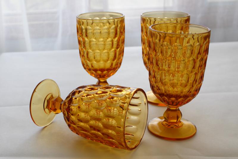 vintage Fenton thumbprint pattern glass water goblets, amber glass footed tumblers