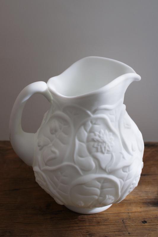 vintage Fenton water lily pitcher, white satin glass, doeskin milk glass