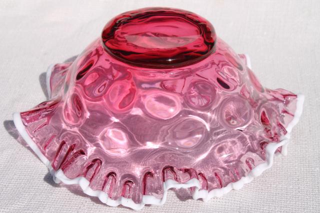 vintage Fenton white snow crest cranberry glass bowl, dot optic large centerpiece dish