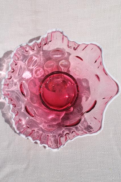 vintage Fenton white snow crest cranberry glass bowl, dot optic large centerpiece dish