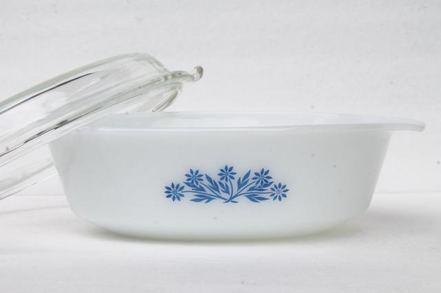 vintage Fire King Anchor Hocking blue corn flower milk glass casserole dish & ramekins