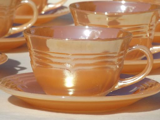 vintage Fire King copper tint peach luster glass cups saucers set of 12