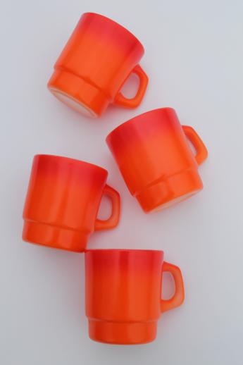 vintage Fire King glass coffee mugs, flame orange red shaded color white glass cups