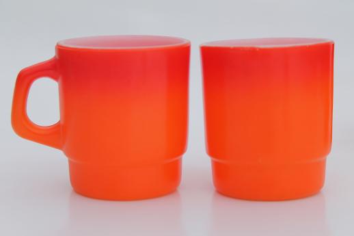 vintage Fire King glass coffee mugs, flame orange red shaded color white glass cups