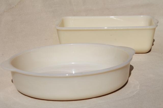 vintage Fire King ivory custard glass loaf & cake pans, oven proof kitchen glassware