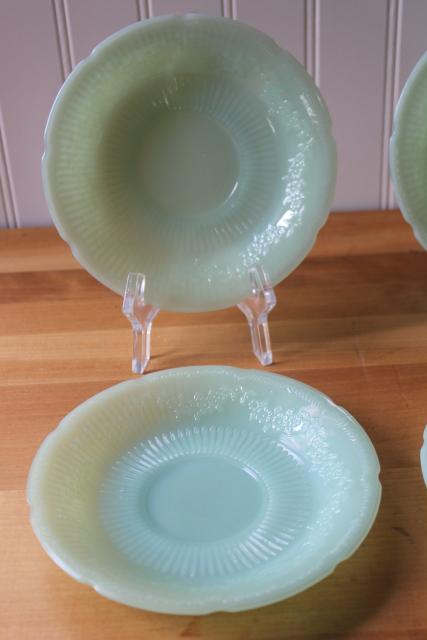 vintage Fire King jadeite saucer plates, Alice pattern flowers jadite dishes