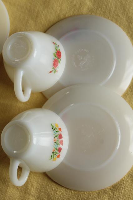vintage Fire King milk glass cups and saucers, tulips & pink roses flower prints
