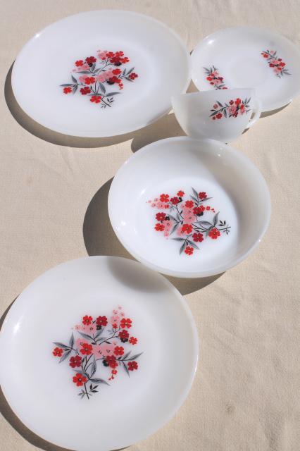 vintage Fire King milk glass dinnerware set for 6, Primrose pink flowers cottage chic