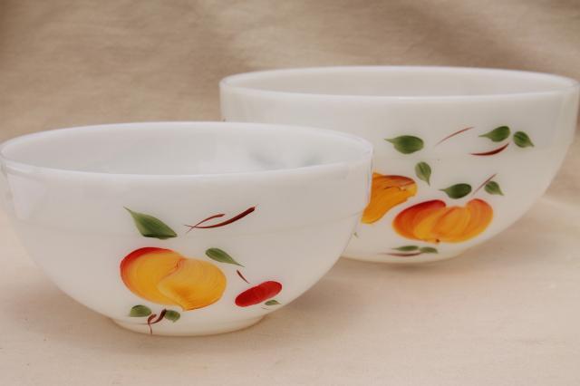 vintage Fire King milk glass mixing bowls w/ hand painted fruit Gay Fad studios