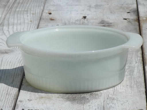 vintage Fire King oven ware glass, round ribbed milk glass casserole