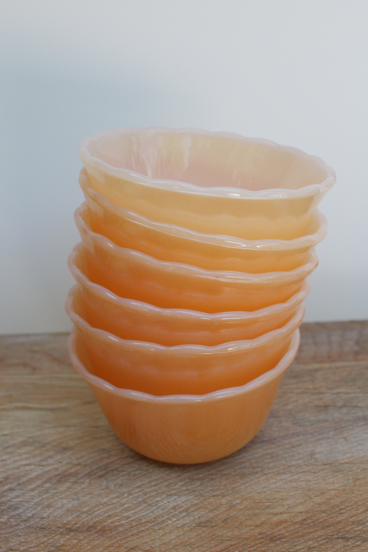 vintage Fire King peach luster glass custard cups, set of six ramekins or tiny bowls
