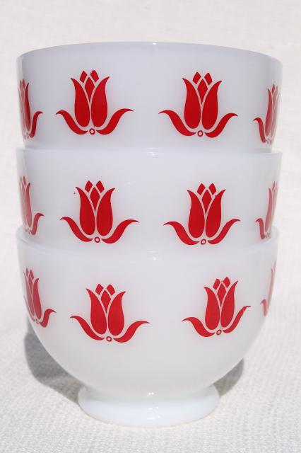 vintage Fire King tulip cottage cheese bowls, red & aqua flowers on milk glass