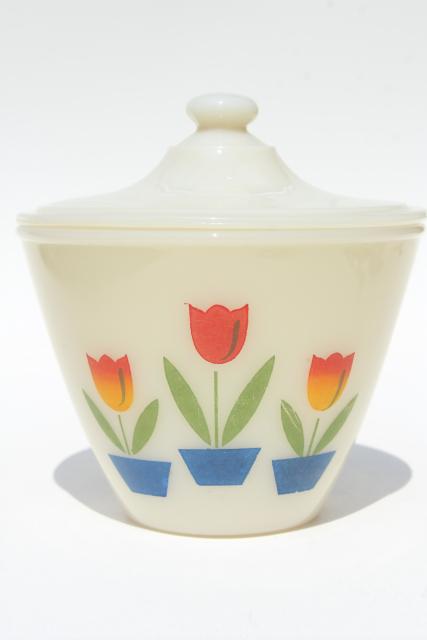 vintage Fire King tulip covered bowl grease jar, primary tulips on ivory milk glass