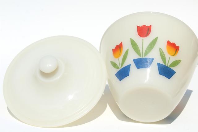 vintage Fire King tulip covered bowl grease jar, primary tulips on ivory milk glass