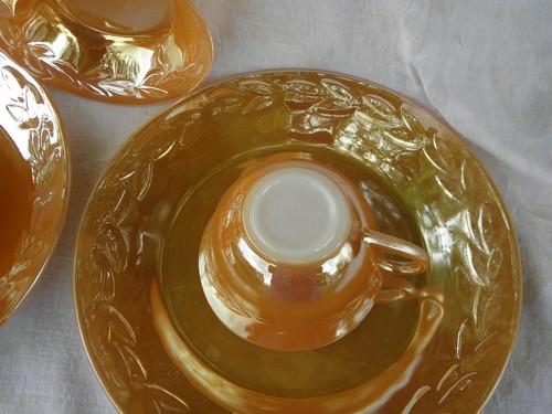 vintage Fire-King copper tint peach luster glass dishes, set for 4