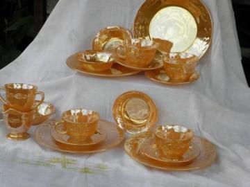 vintage Fire-King copper tint peach luster glass dishes, set for 4