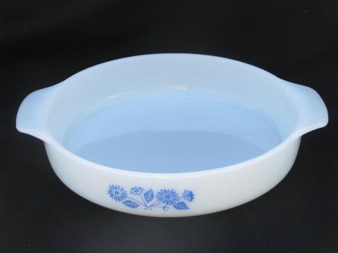 vintage Fire-King glass ovenware, blue flower cornflower pattern set