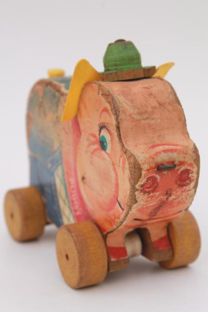vintage Fisher Price Pudgy Pig wooden pull toy, shabby primitive w/ wood wheels