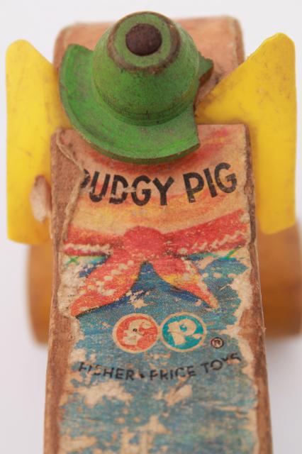 vintage Fisher Price Pudgy Pig wooden pull toy, shabby primitive w/ wood wheels