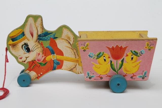 vintage Fisher Price pull toy, print paper wood Easter bunny rabbit flower cart