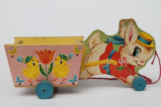 vintage Fisher Price pull toy, print paper wood Easter bunny rabbit flower cart