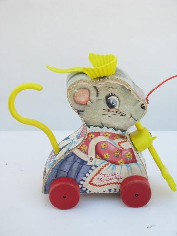 vintage Fisher-Price wood pull toys, Suzy Seal & Merry Mousewife