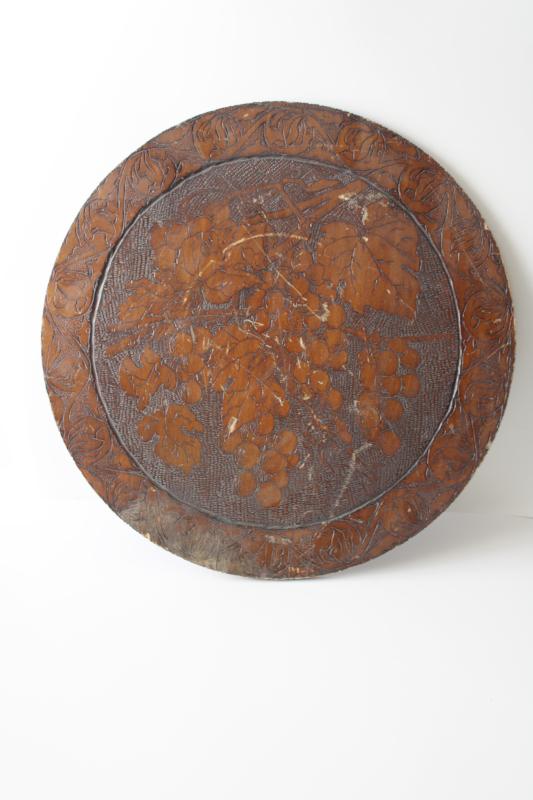 vintage Flemish art pyrography wall art plaque w/ grapes, rustic wine