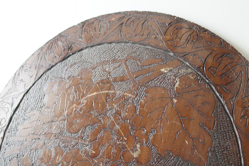 vintage Flemish art pyrography wall art plaque w/ grapes, rustic wine