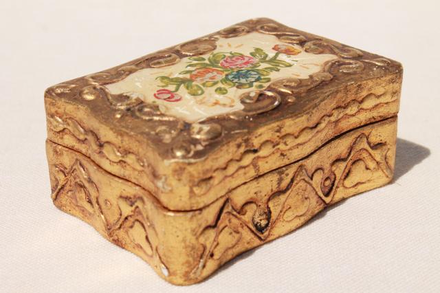 vintage Florentine gold gilt wood jewelry box, old paper label Florentia Italy