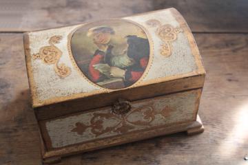 vintage Florentine gold wood jewelry box w/ romantic French print, music box keepsake chest
