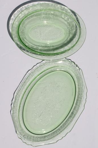 vintage Florentine green depression glass hexagonal platter & round oval bowl
