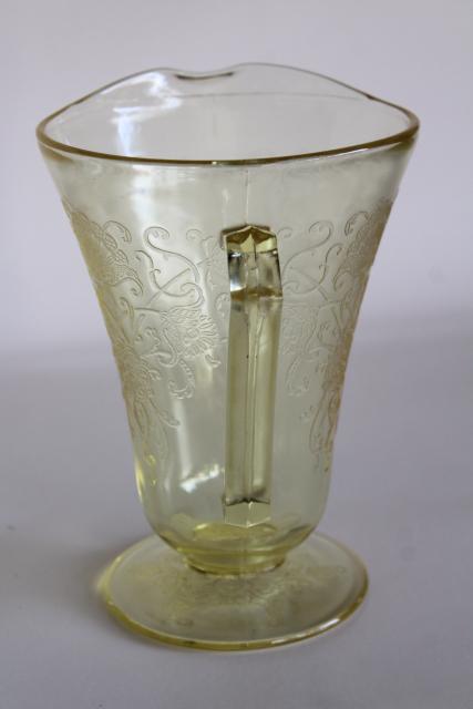 vintage Florentine poppy pattern glass pitcher, amber yellow depression glass