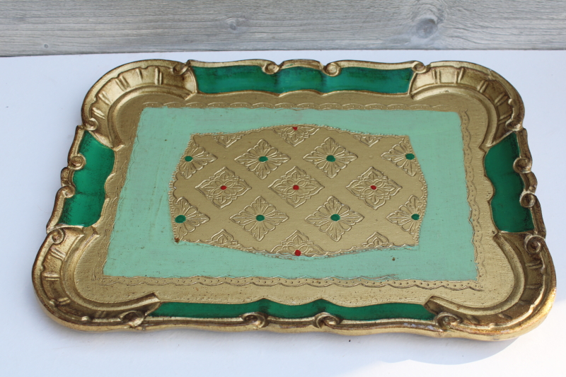 vintage Florentine wood tray w/ hand painted gold, Hollywood regency mid century mod