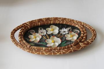 vintage Florida souvenir, Seminole pine needle basket woven tray w/ sea shell art