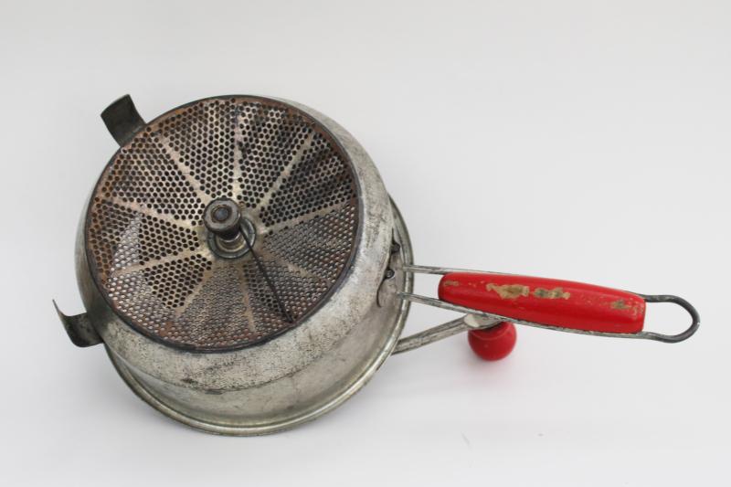vintage Foley food mill w/ red painted wood handles, hand crank kitchen strainer