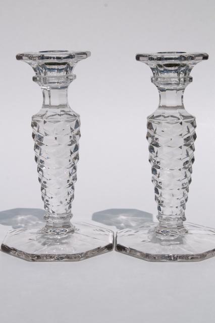 vintage Fostoria American candlesticks, pair of crystal clear glass candle holders