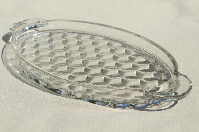 vintage Fostoria American cube pattern glass trays, condiment tray & large oval platter