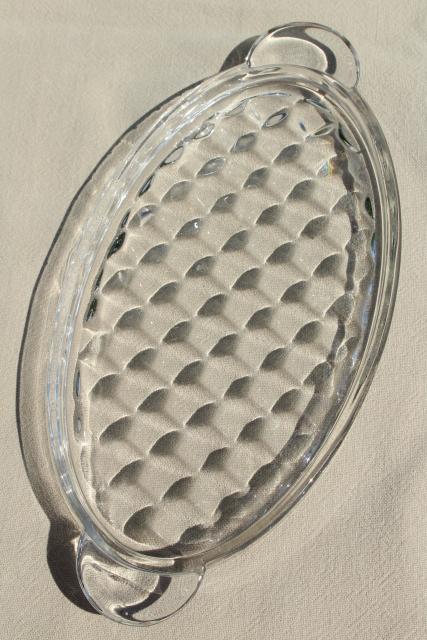 vintage Fostoria American cube pattern glass trays, condiment tray & large oval platter