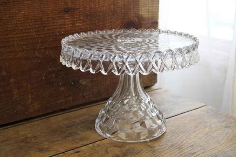 vintage Fostoria American pattern glass cake stand, round pedestal plate